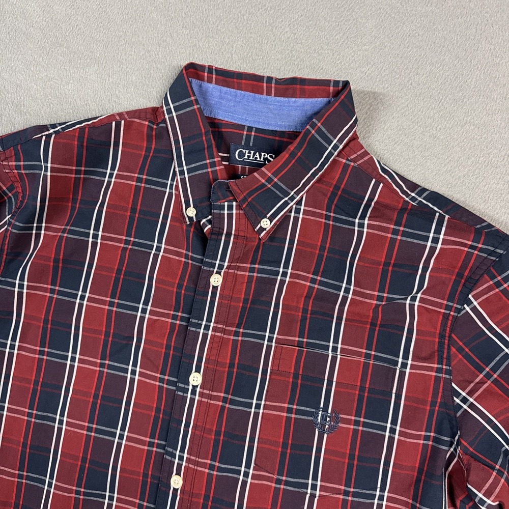 Chaps Shirt Mens XL Red Blue Check Plaid Easy Care Long Sleeve Button Down Crest
